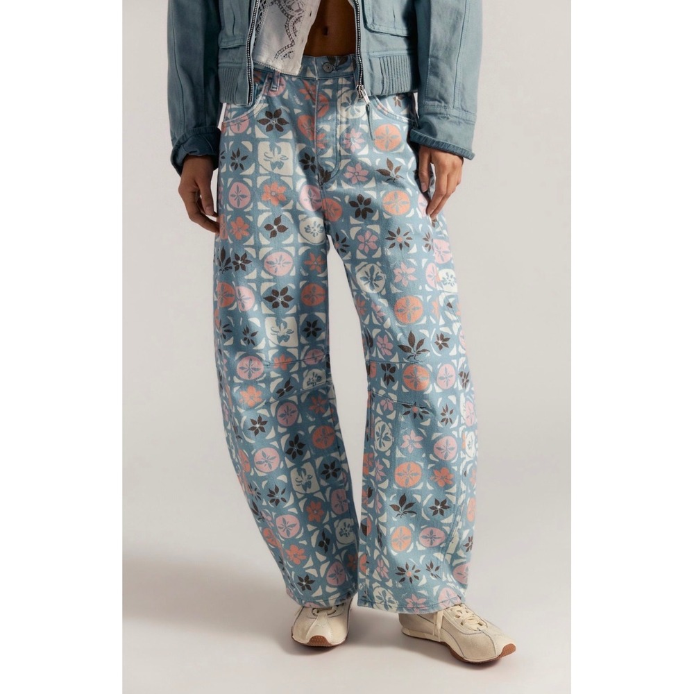 Free People We The Free Good Luck Printed Barrel Jeans Jade Combo Size 26 NWT